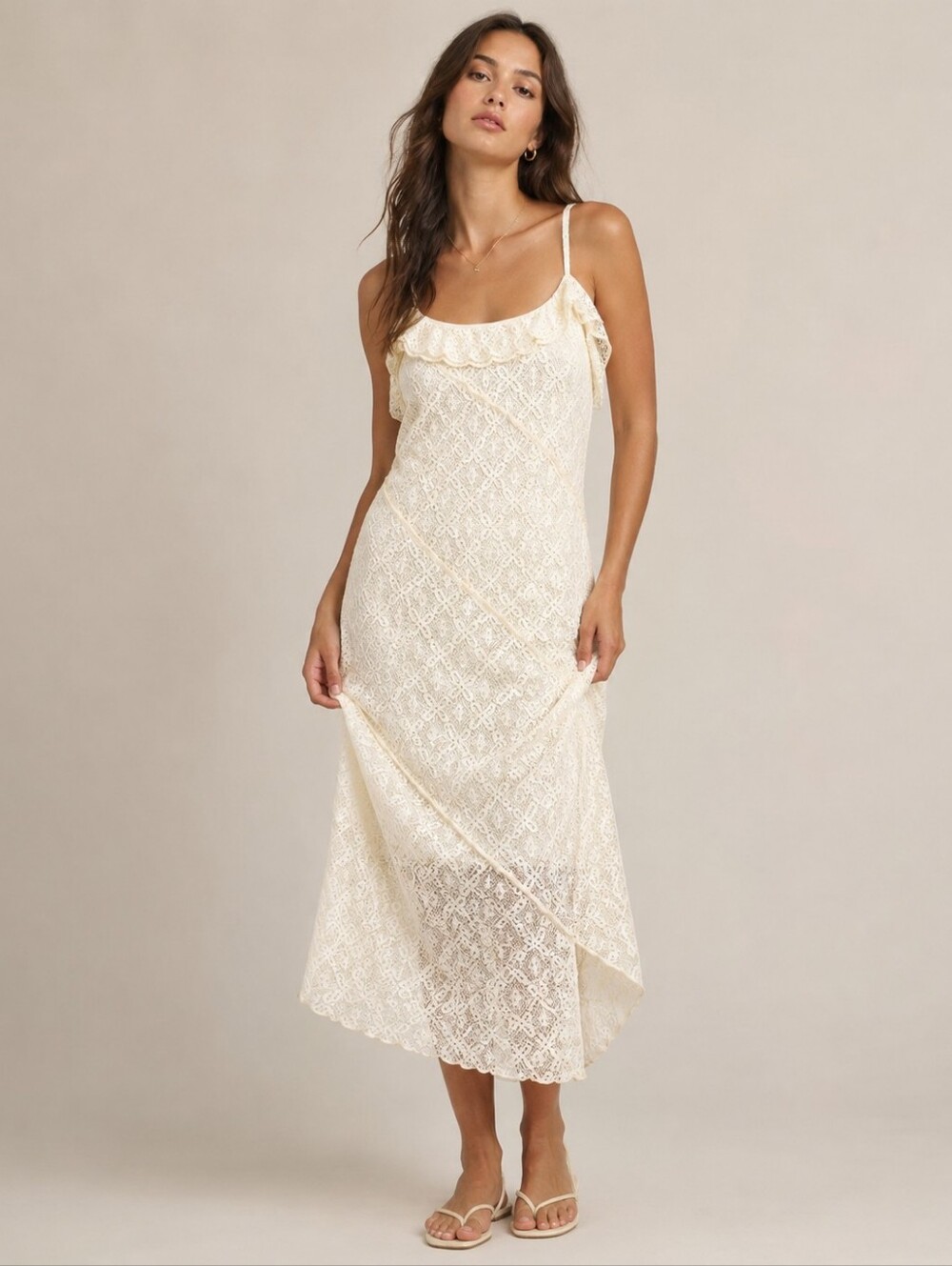 NWT Kirious Los Angeles Lace Midi Dress Size M Cream Asymmetric Hem